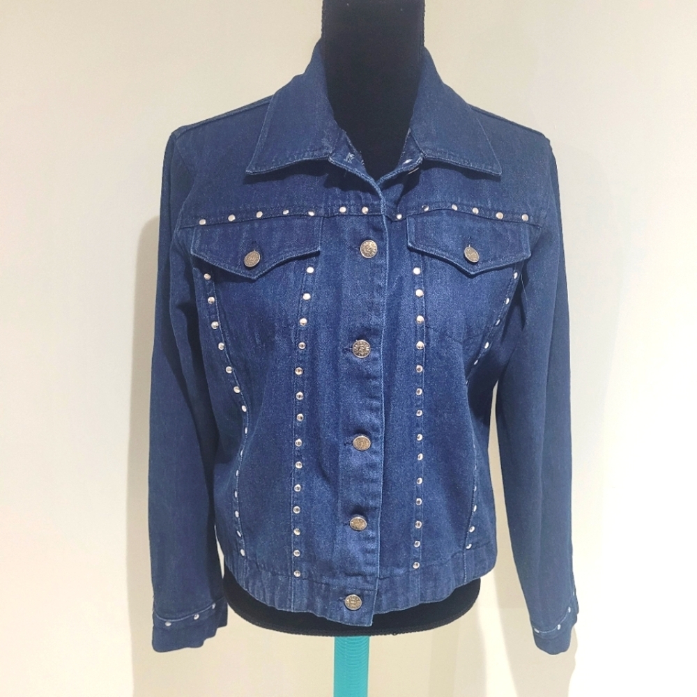 Nevada Women's Vintage 90s Cotton Silver Studded Denim Jacket Medium Blue Layers